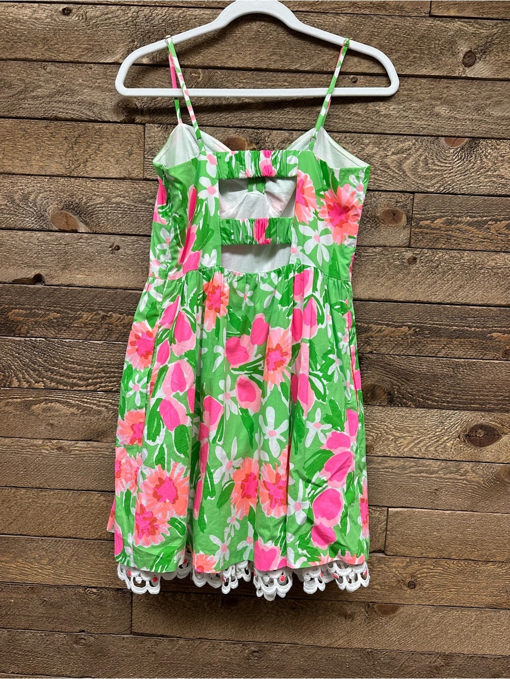 Lilly Pulitzer Floral Cutout Back Dress White Lace Trim Green Pink Sundress - Picture 9 of 9